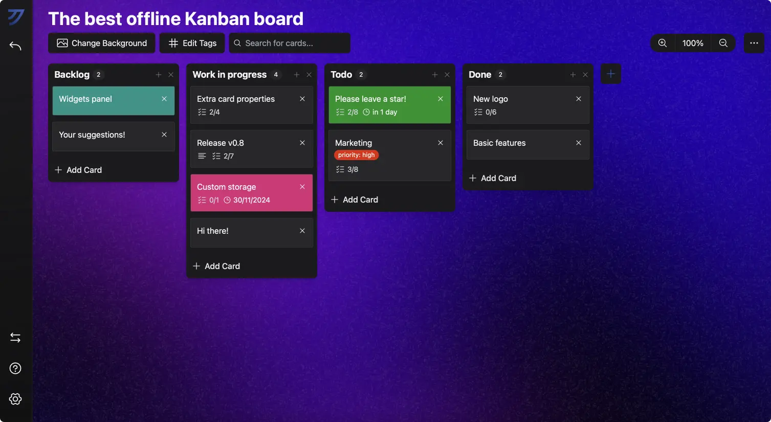 Screenshot showcasing a Marvestudio Kanban board example with cards, columns, custom background image, custom card colors, tags, sub-tasks and due dates